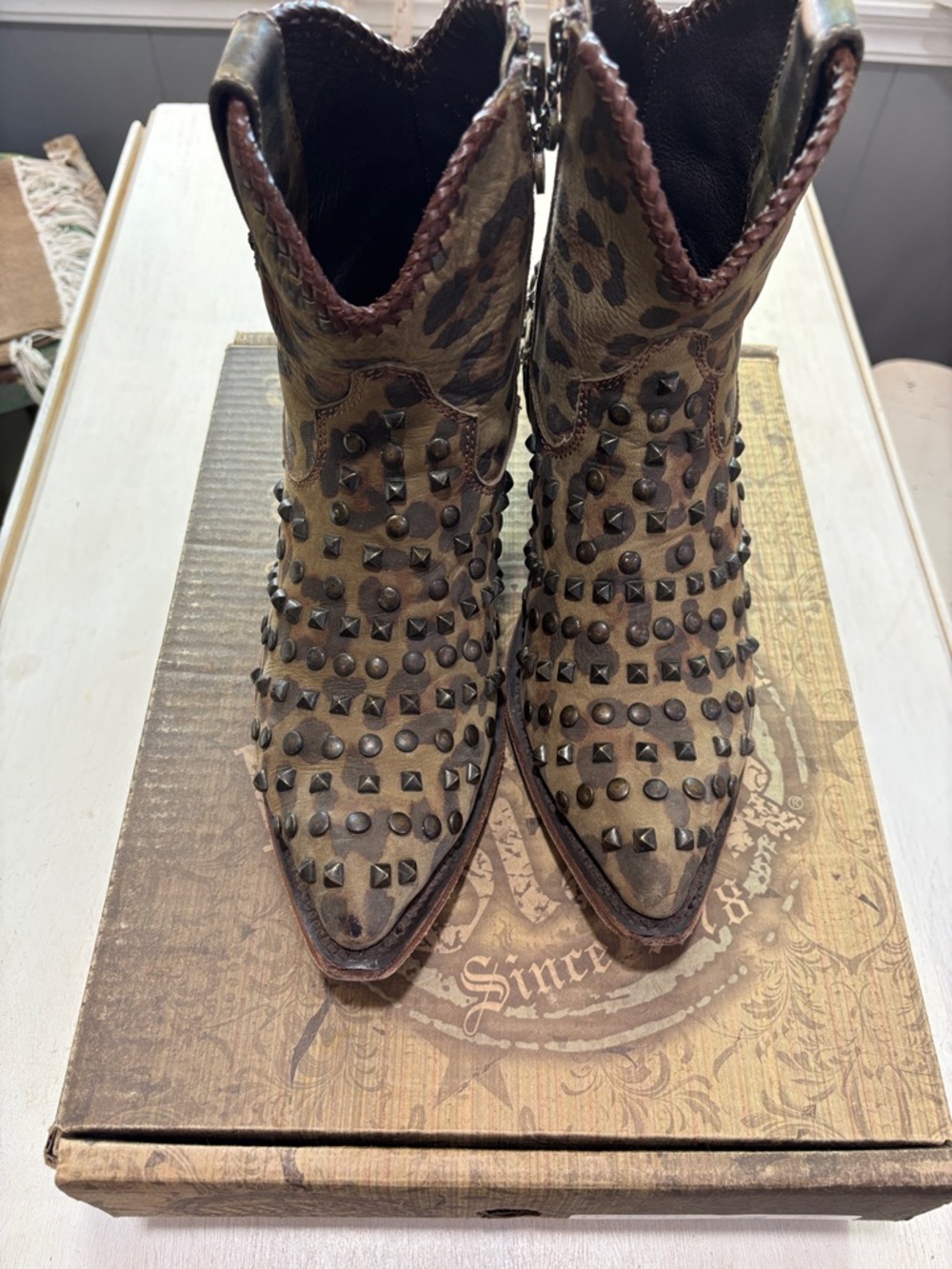 LIBERTY Black Cheetah Print Studded Ankle Boots in Olive Brown